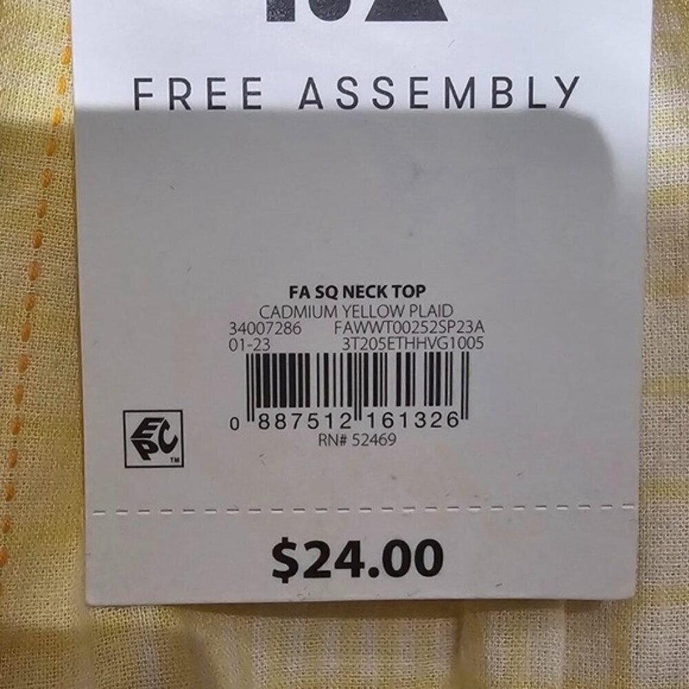 FA Square Neck Top Cadmium Yellow Plaid XL Free Assembly 100% Cotton - Picture 2 of 5